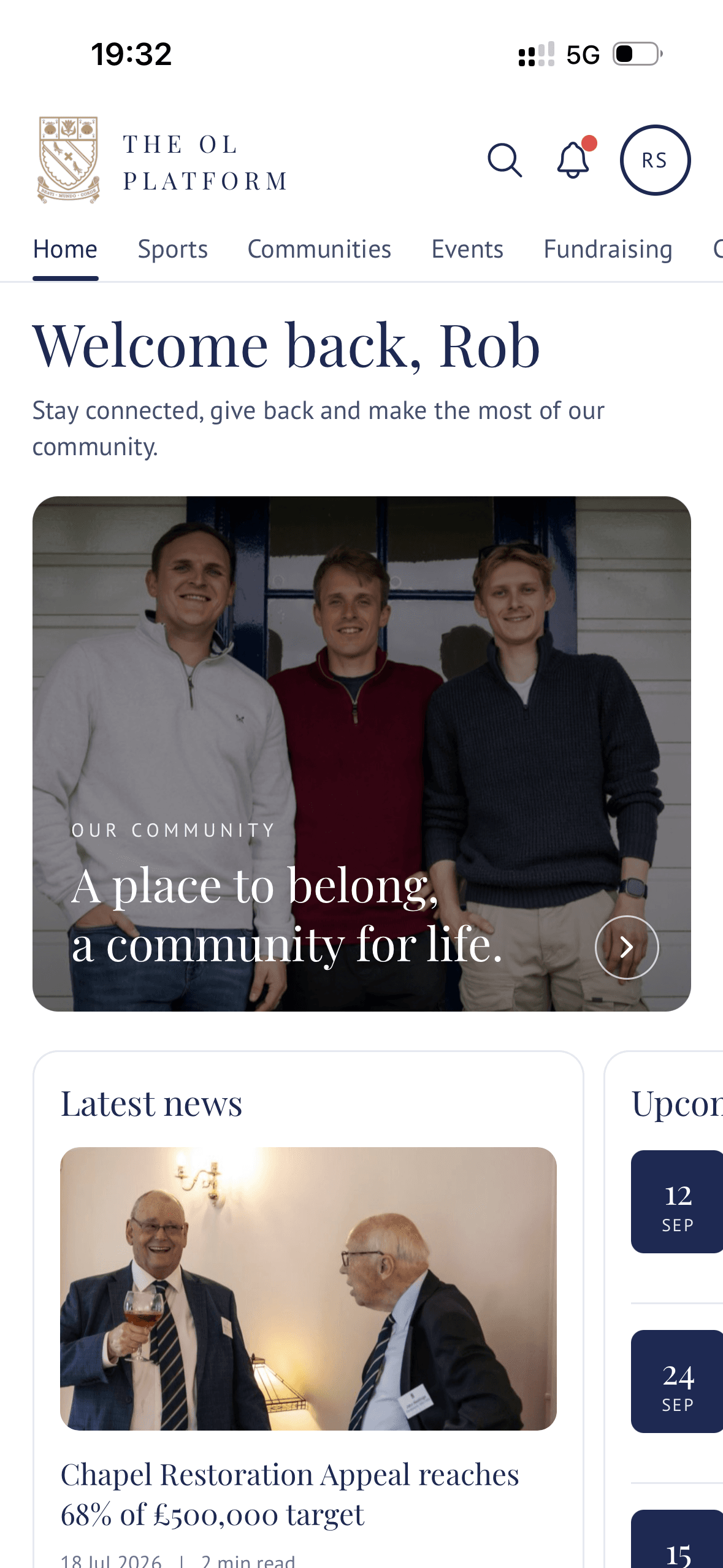 Old Lancing mobile home page with community story, news and upcoming events