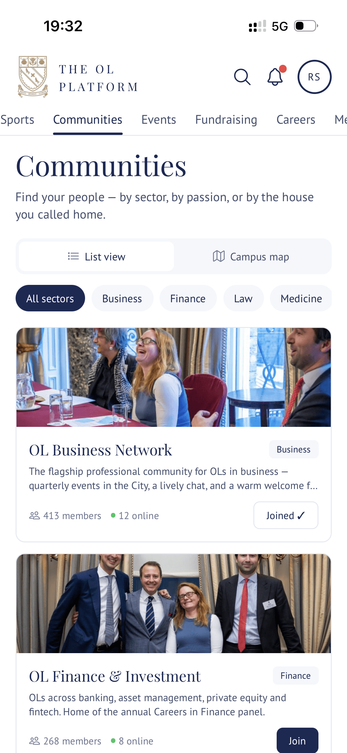 Old Lancing mobile communities page with sector filters and community cards