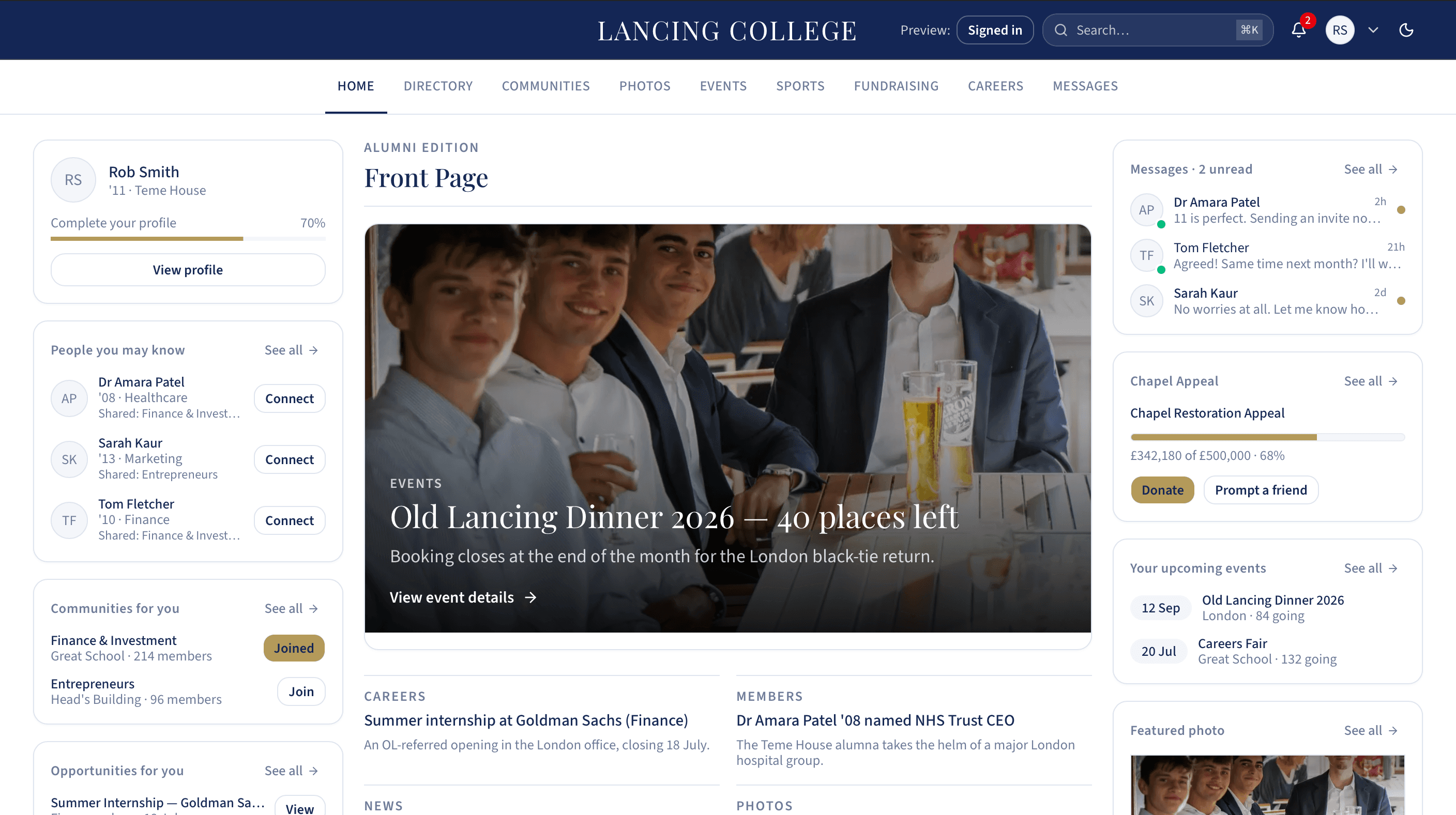 Lancing College alumni home dashboard with profile, messages, events and fundraising panels