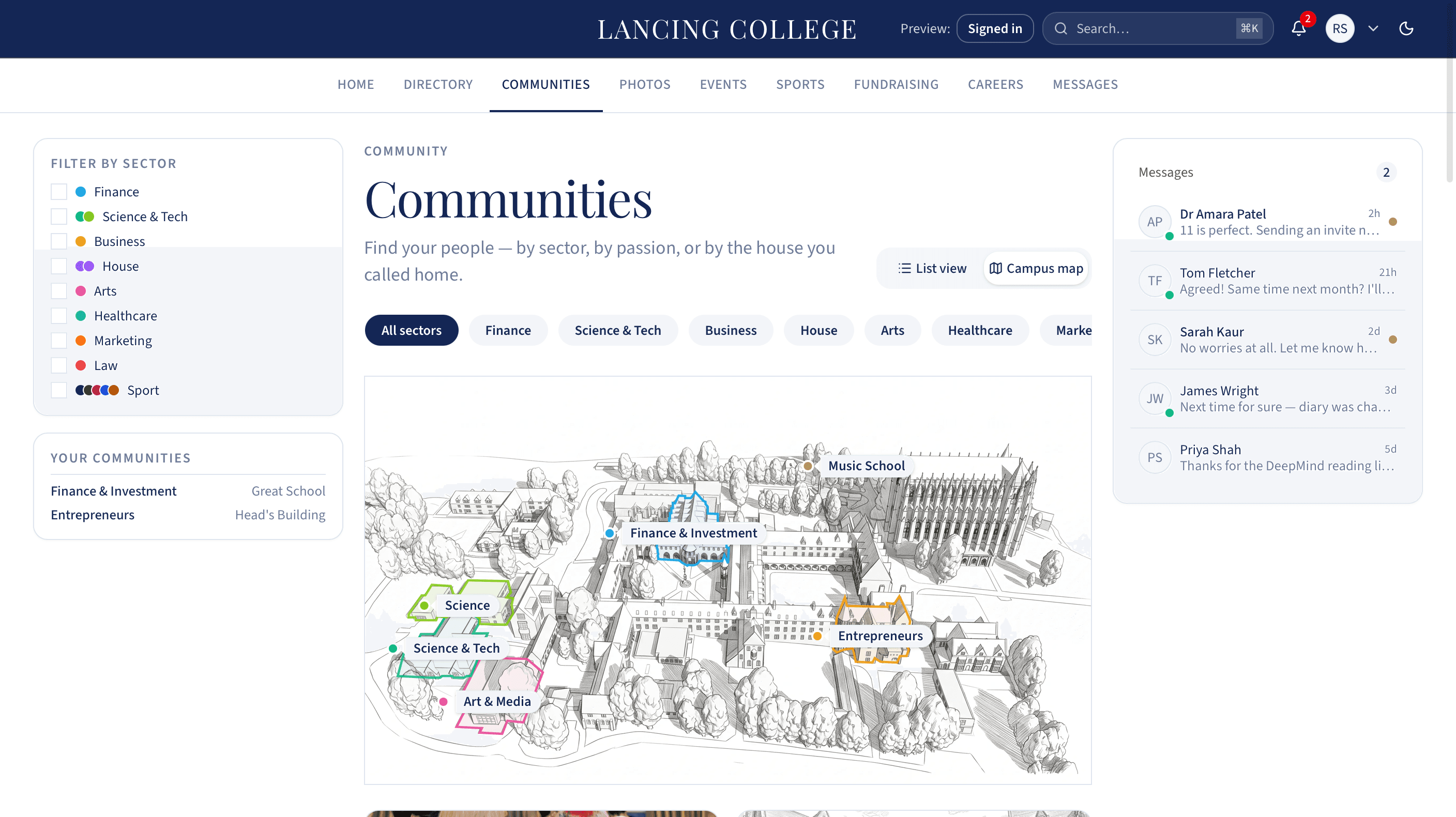 Lancing College communities page with sector filters and an illustrated campus map