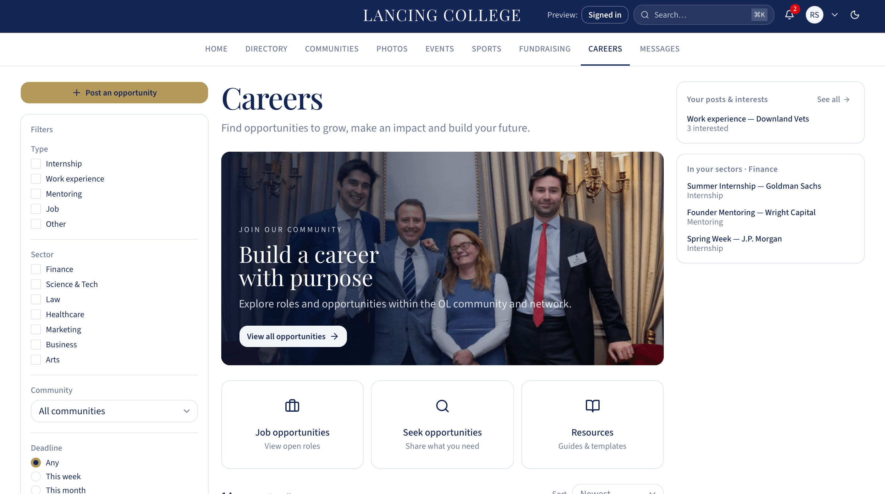 Lancing College careers page with filters, featured content and opportunity shortcuts