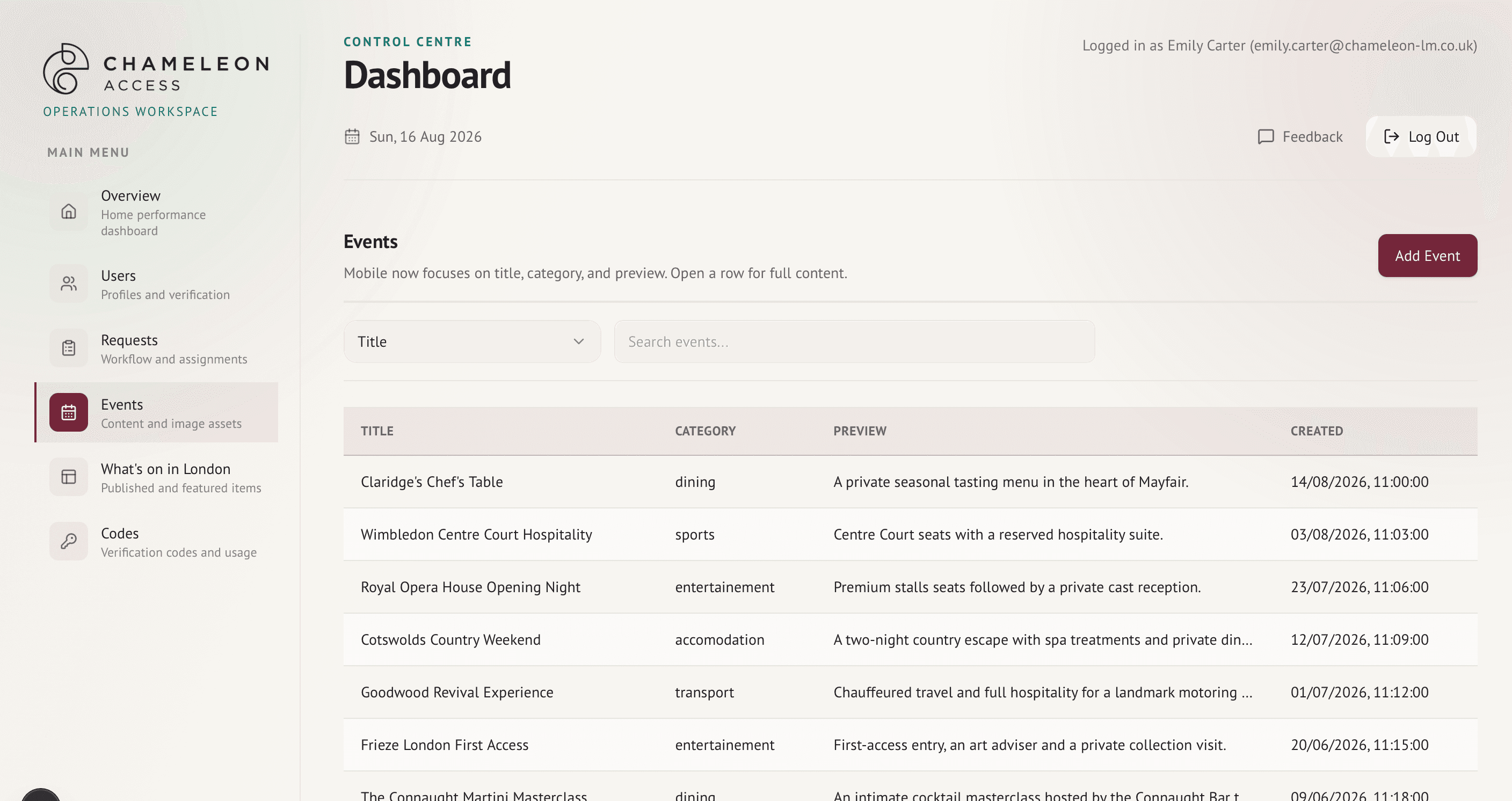 Chameleon Access event publishing workspace with audience and scheduling controls
