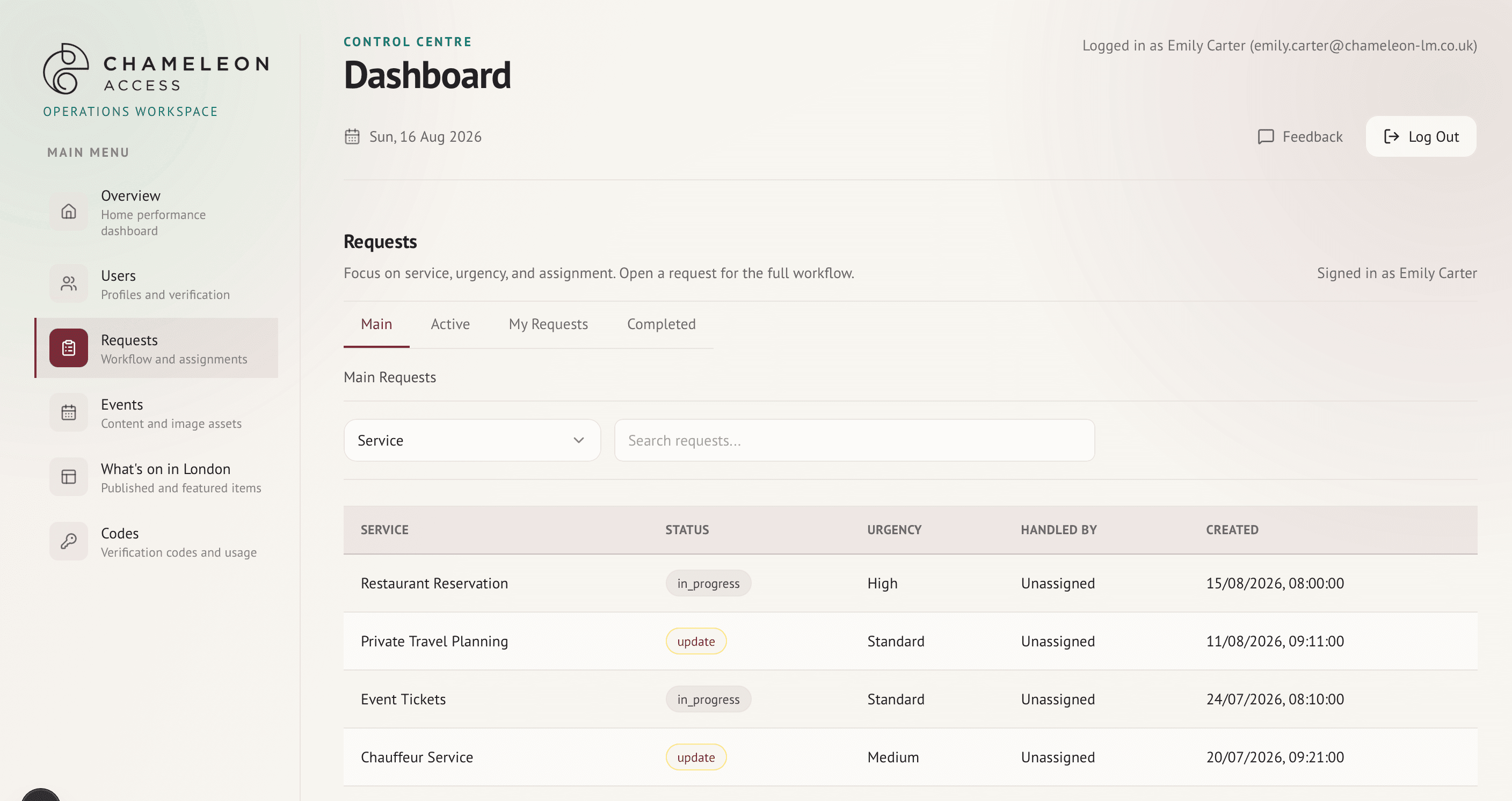 Chameleon Access request triage table with status, urgency and ownership