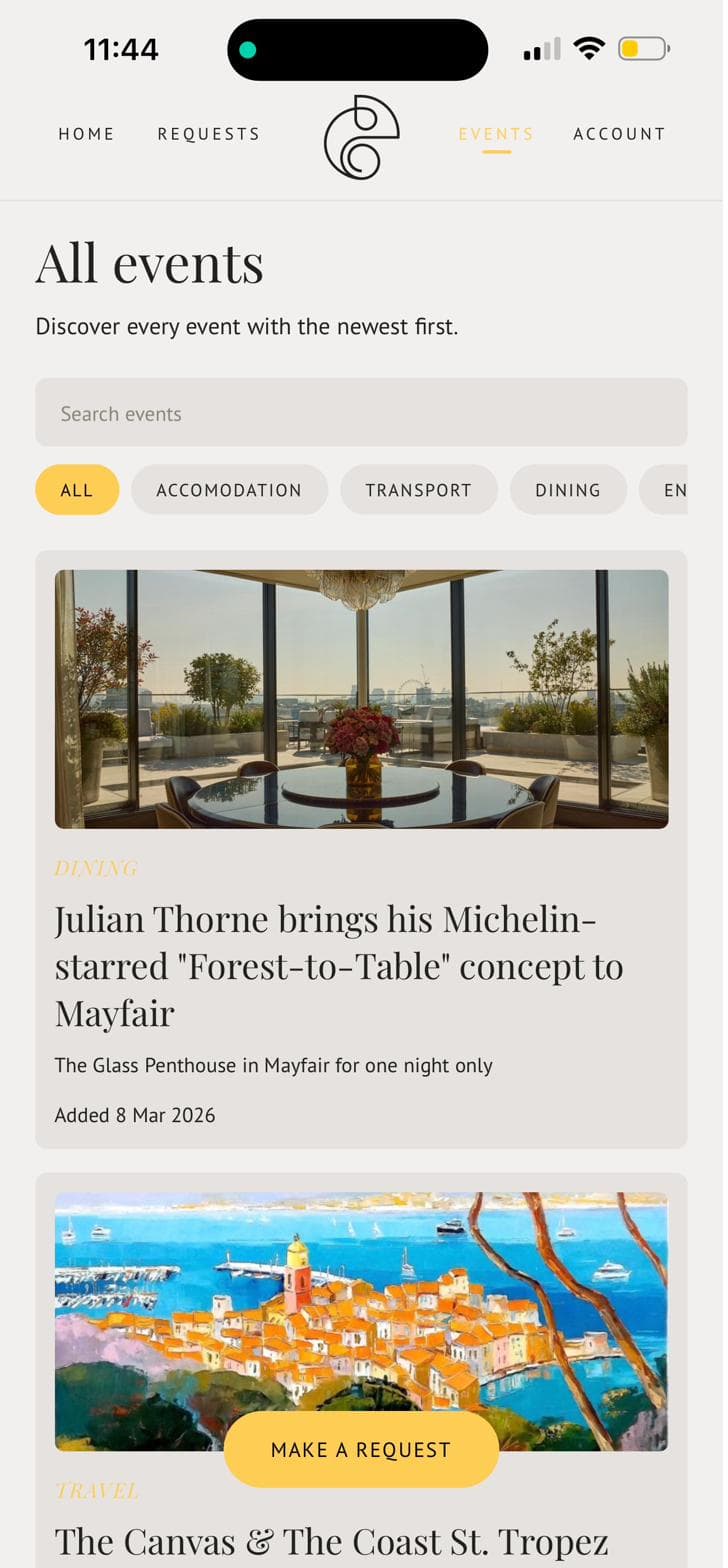 Chameleon Access events feed with category filters