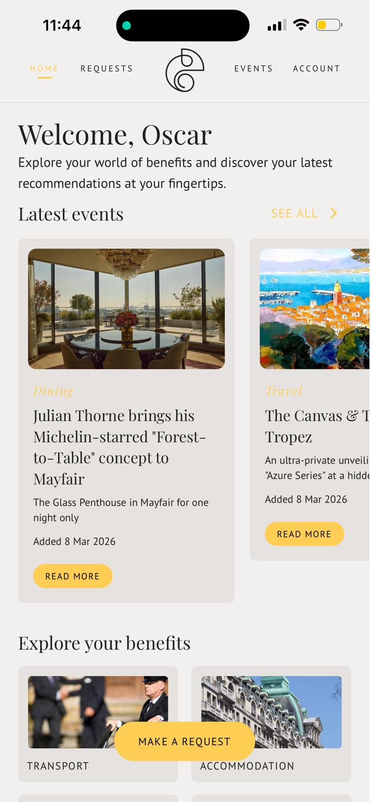 Chameleon Access member app home screen showing events, benefits and a request action