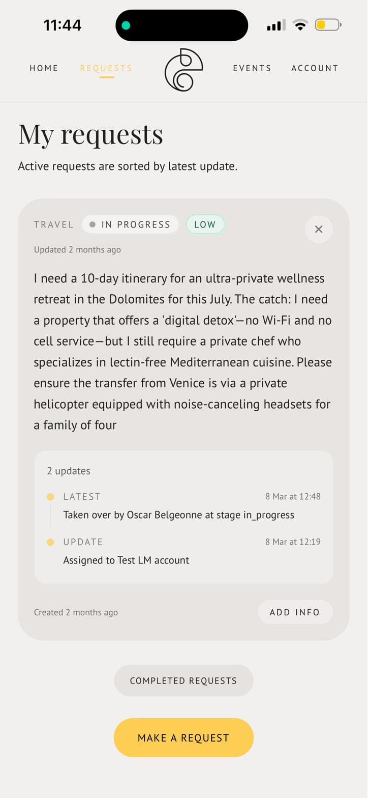 Chameleon Access request screen showing status and update history