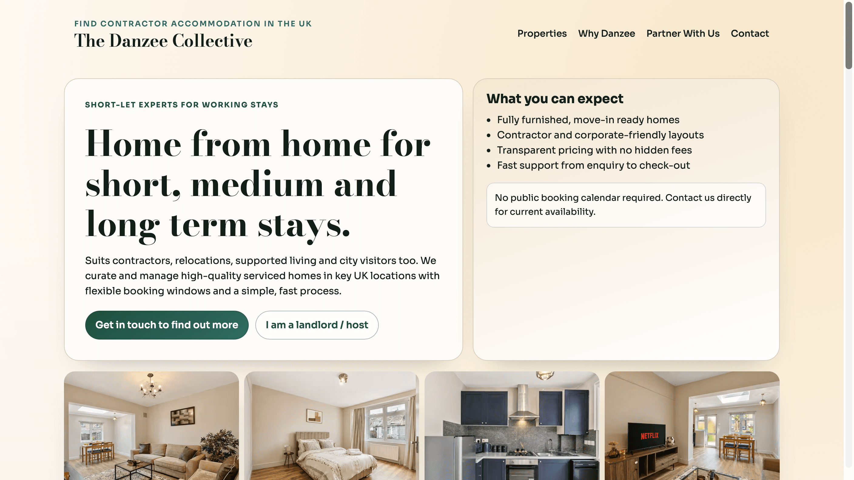 Danzee Collection guest landing page with accommodation benefits, property photography and guest and landlord calls to action