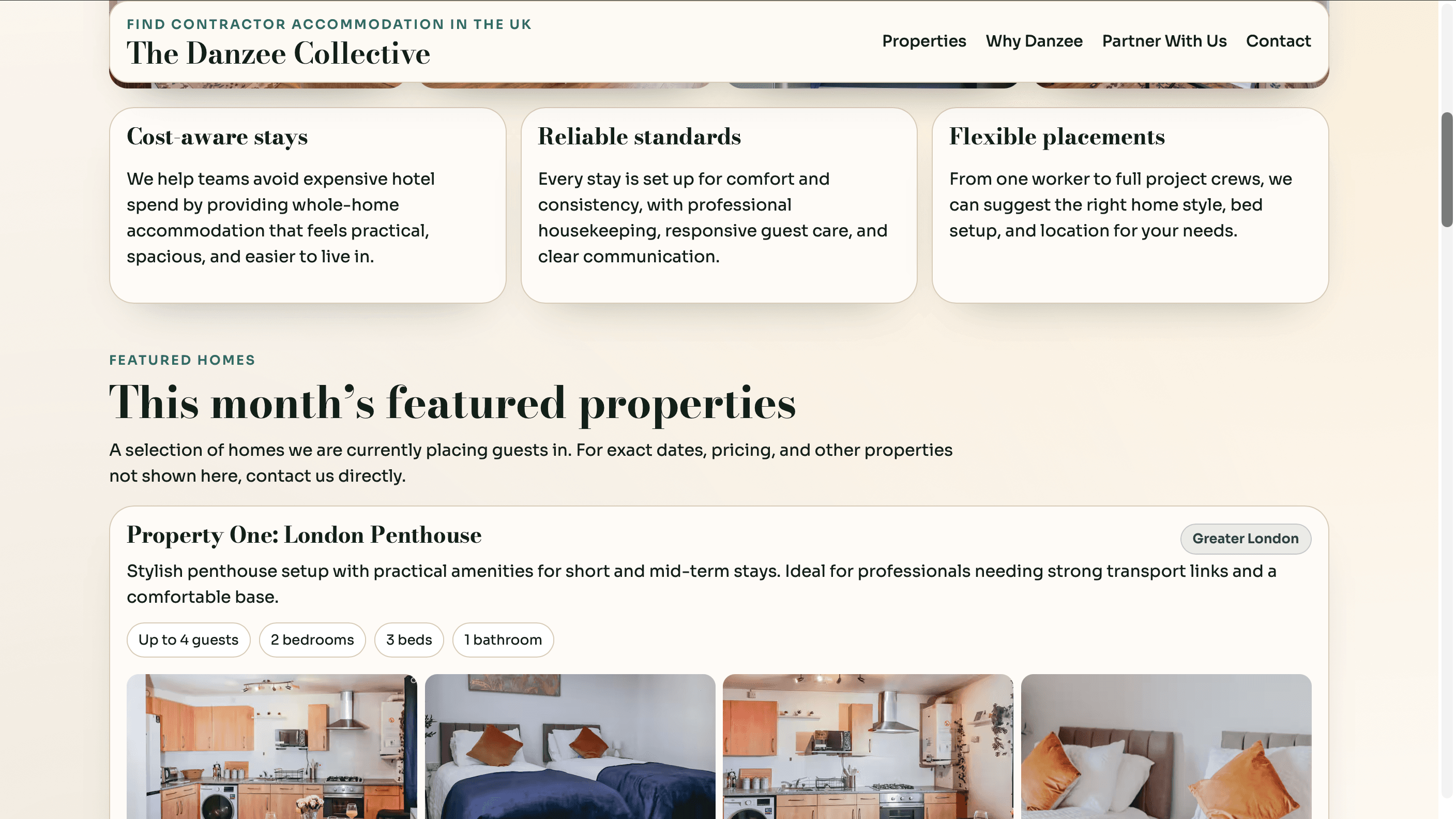 Danzee Collection website showing guest benefits and a featured London property listing