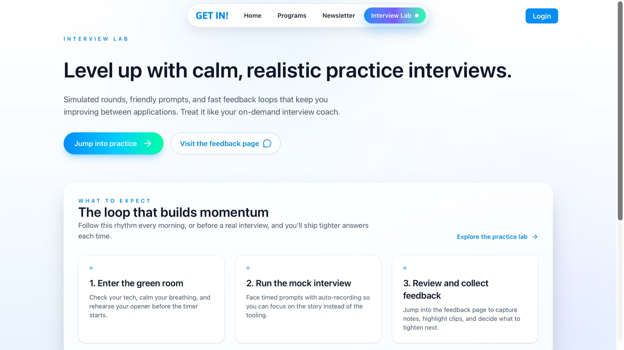 GET IN! Interview Lab page describing mock interviews and the feedback loop