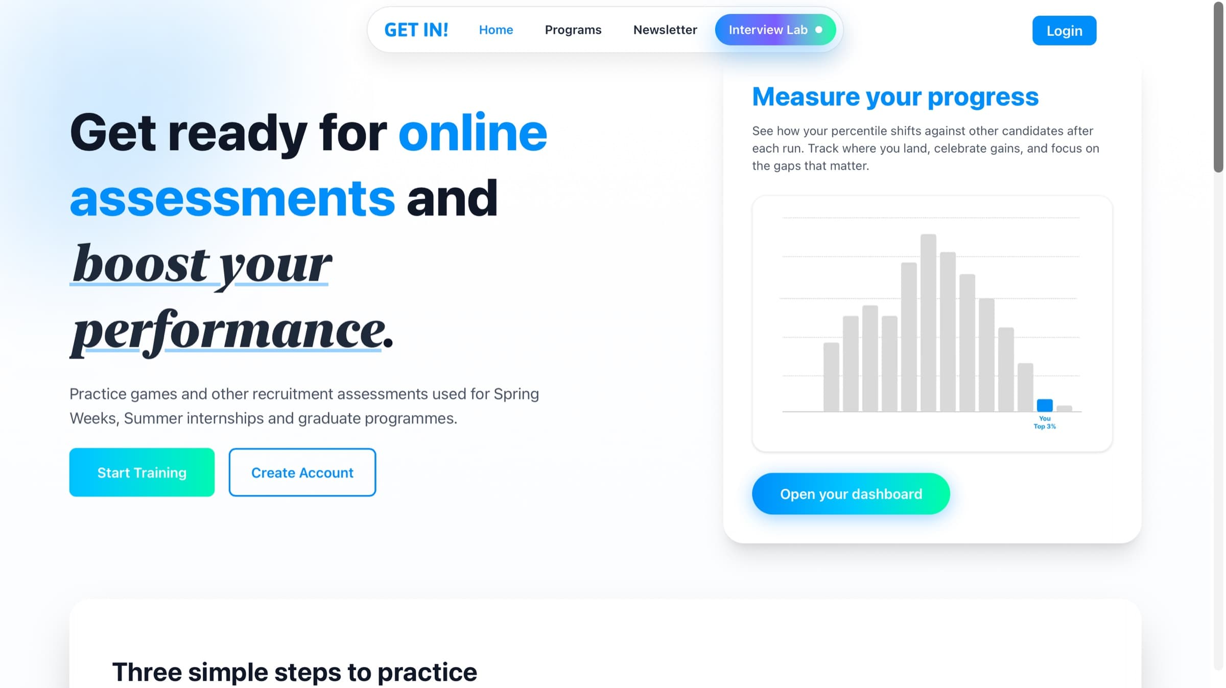 GET IN! home page promoting online assessments with a candidate progress chart