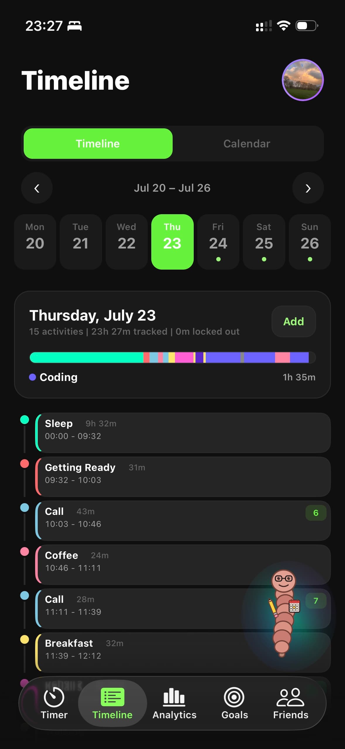 Locked In daily activity timeline