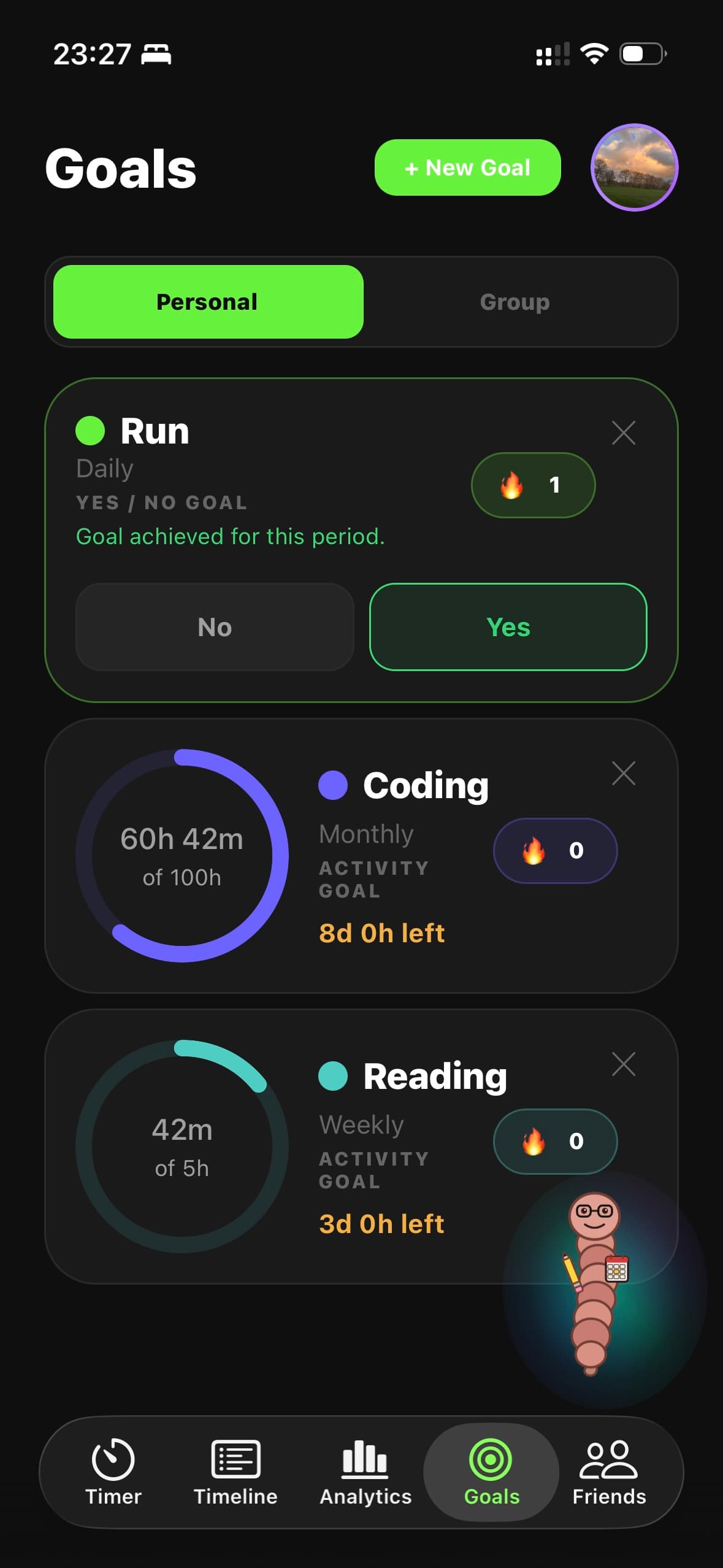 Locked In personal goals and progress cards