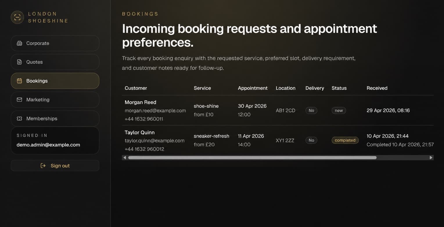 London Shoeshine CRM booking-request queue with service, appointment, location and delivery fields