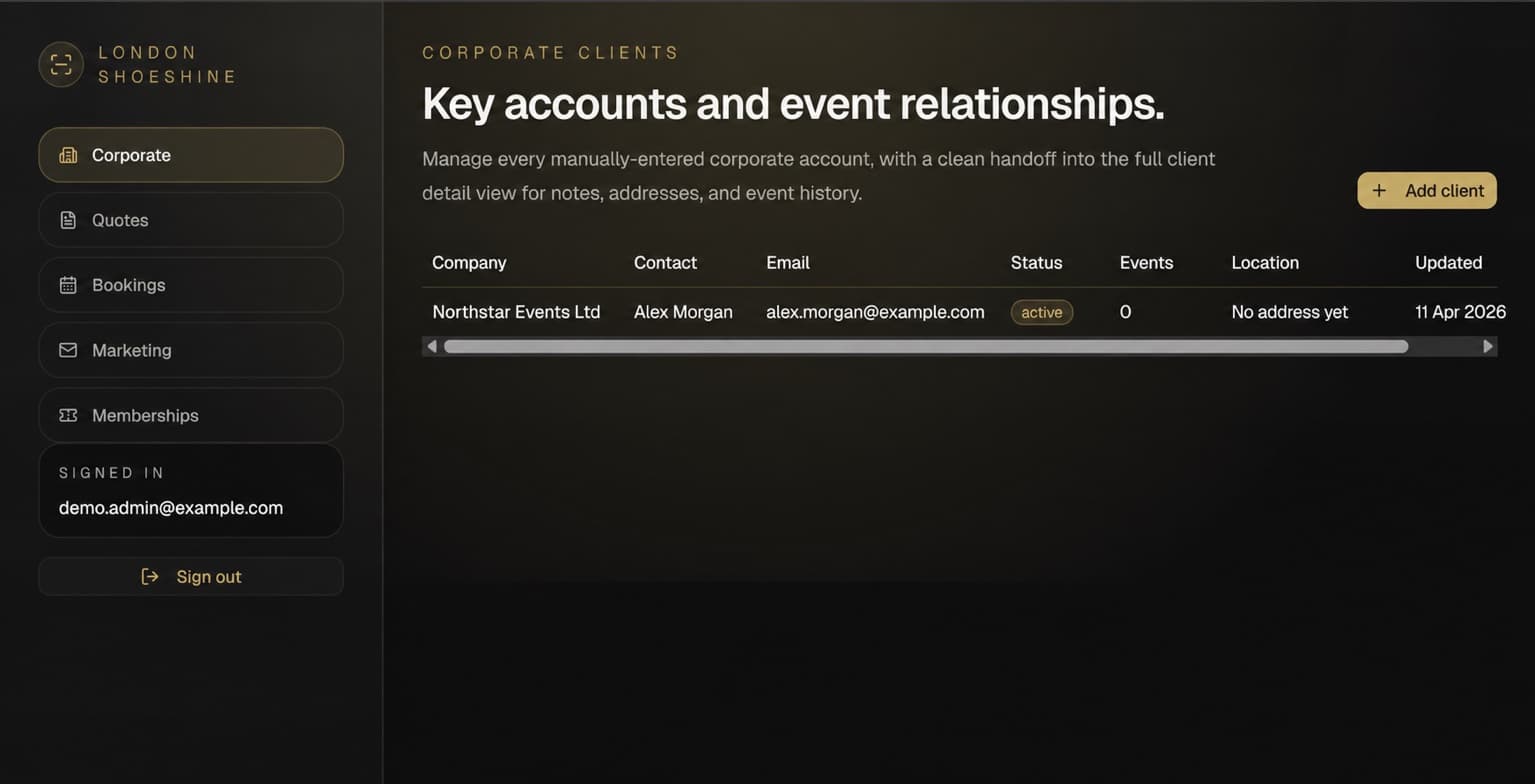 London Shoeshine CRM corporate-client list with account status and event history columns