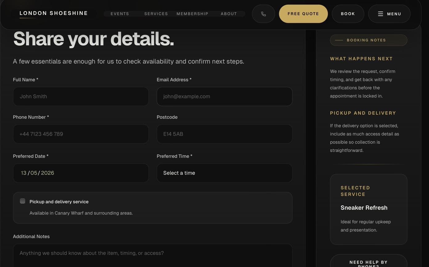 London Shoeshine service-booking form for customer details, date, time and delivery requirements