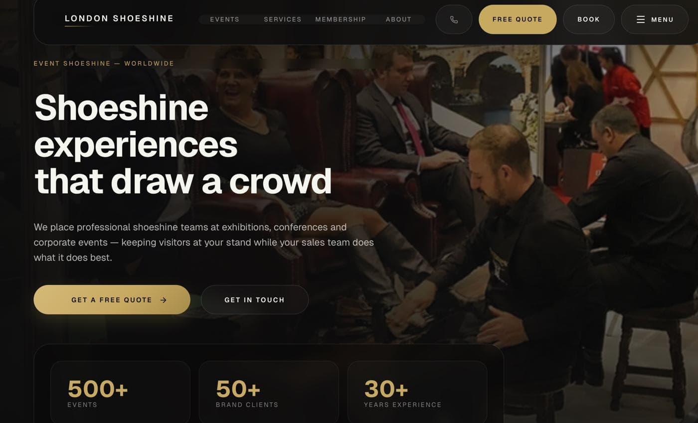 London Shoeshine homepage with event-service proposition, quote action and company proof points
