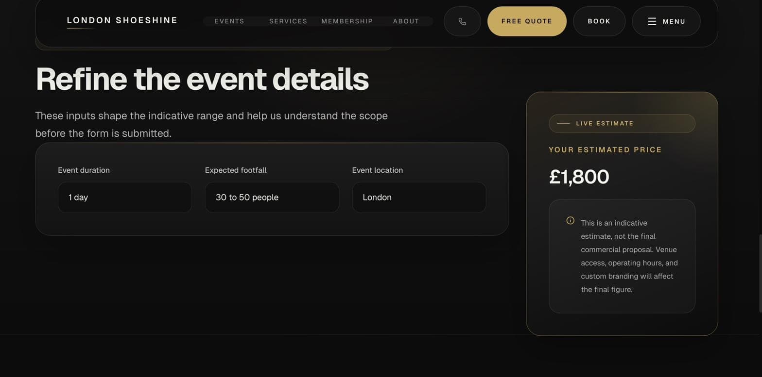 London Shoeshine live event quote form with an indicative price estimate
