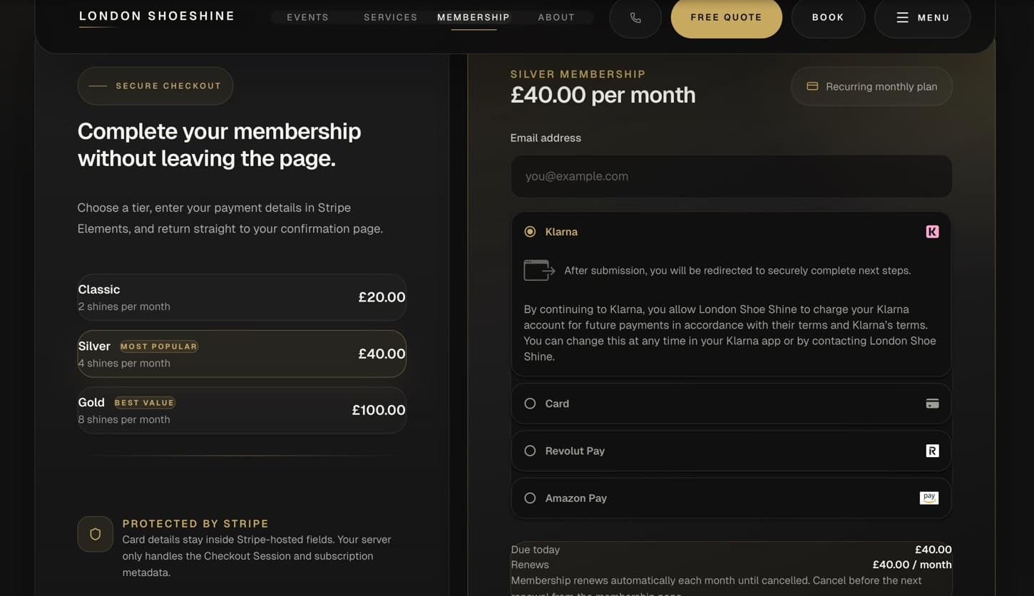 London Shoeshine recurring membership checkout with tiers and payment options