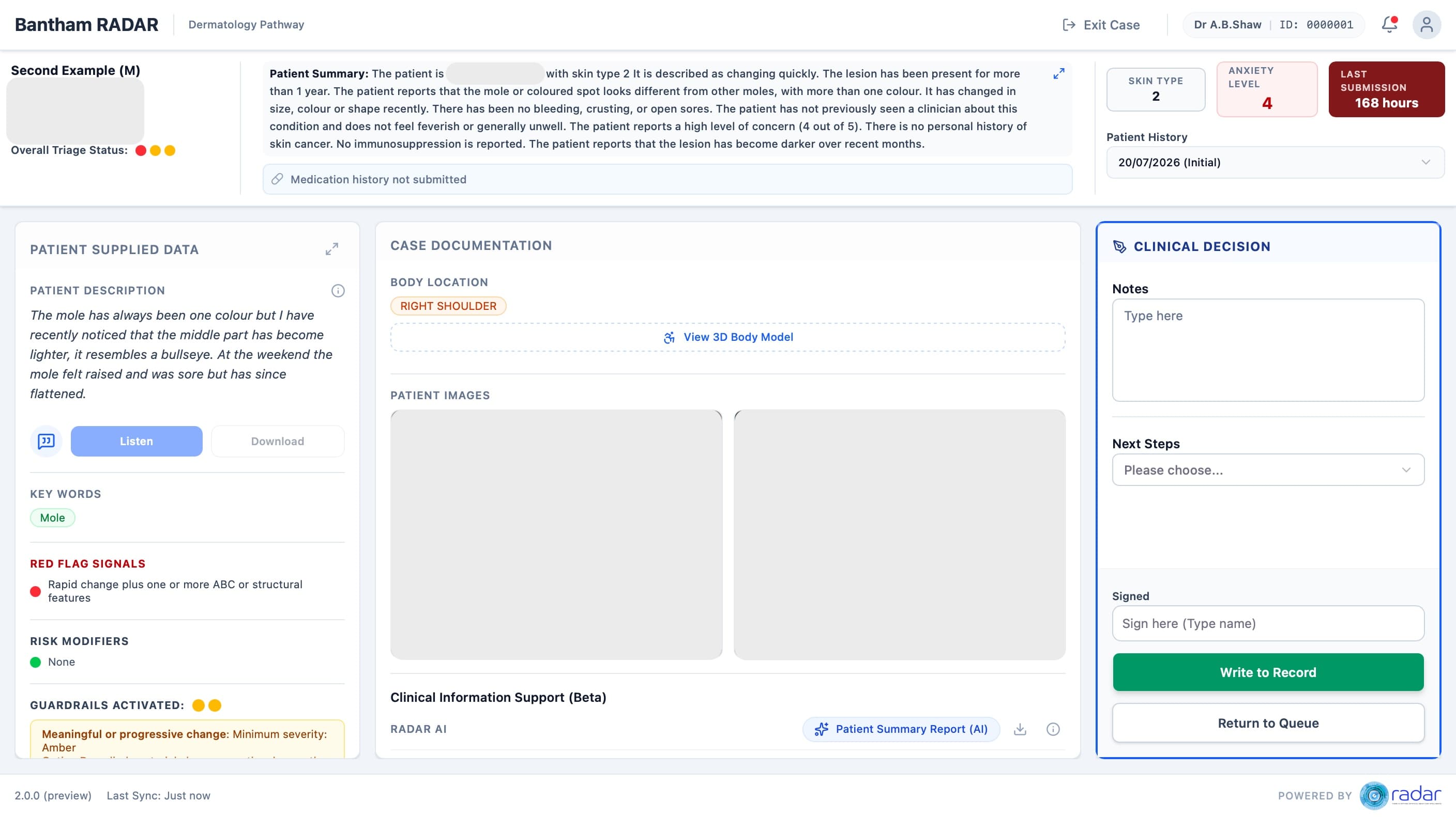Bantham RADAR clinician case-review workspace with patient context and decision panel