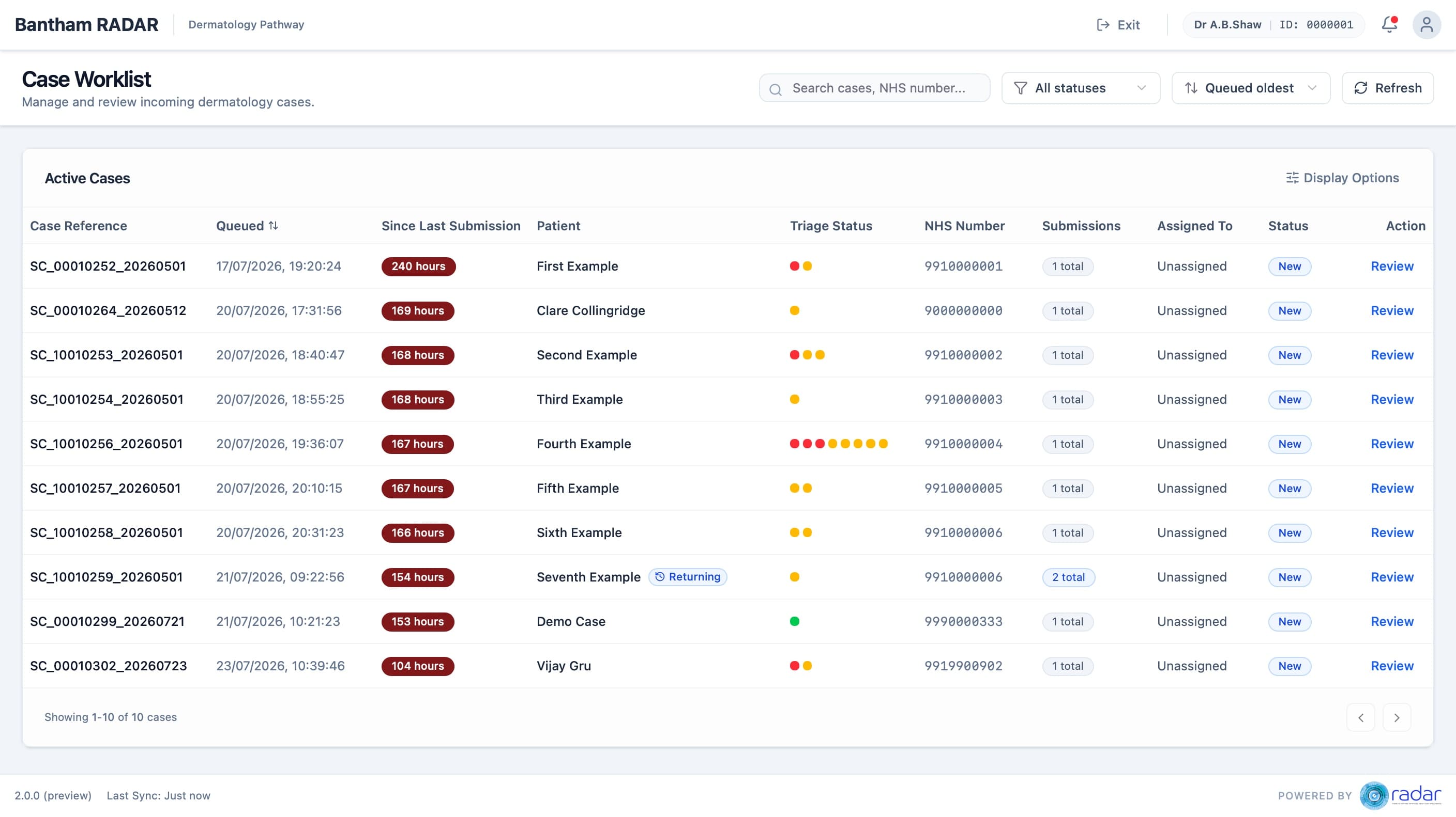 Bantham RADAR case worklist with queue time and triage indicators