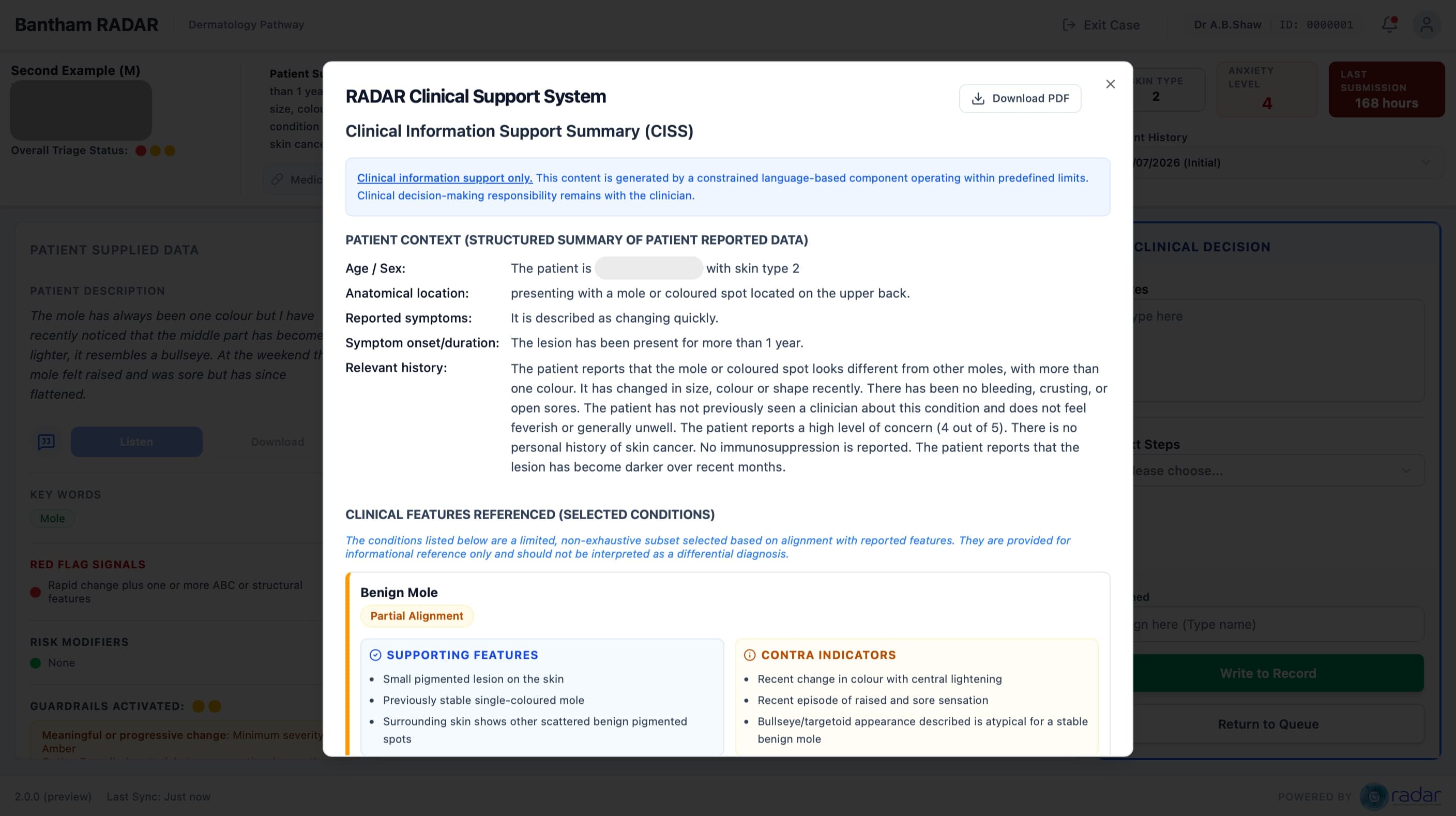 Bantham RADAR clinical information support summary