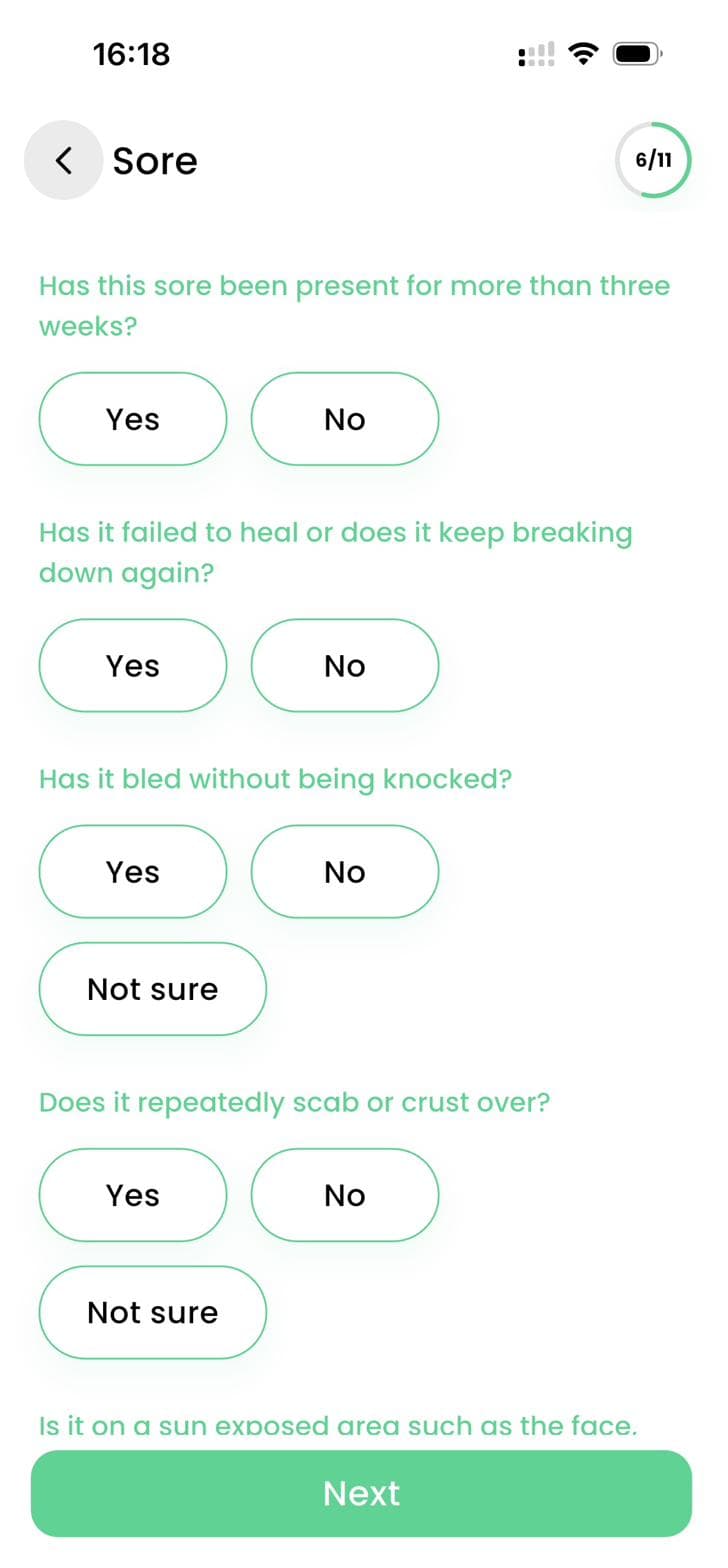 Bantham RADAR rules-driven question screen for a skin concern