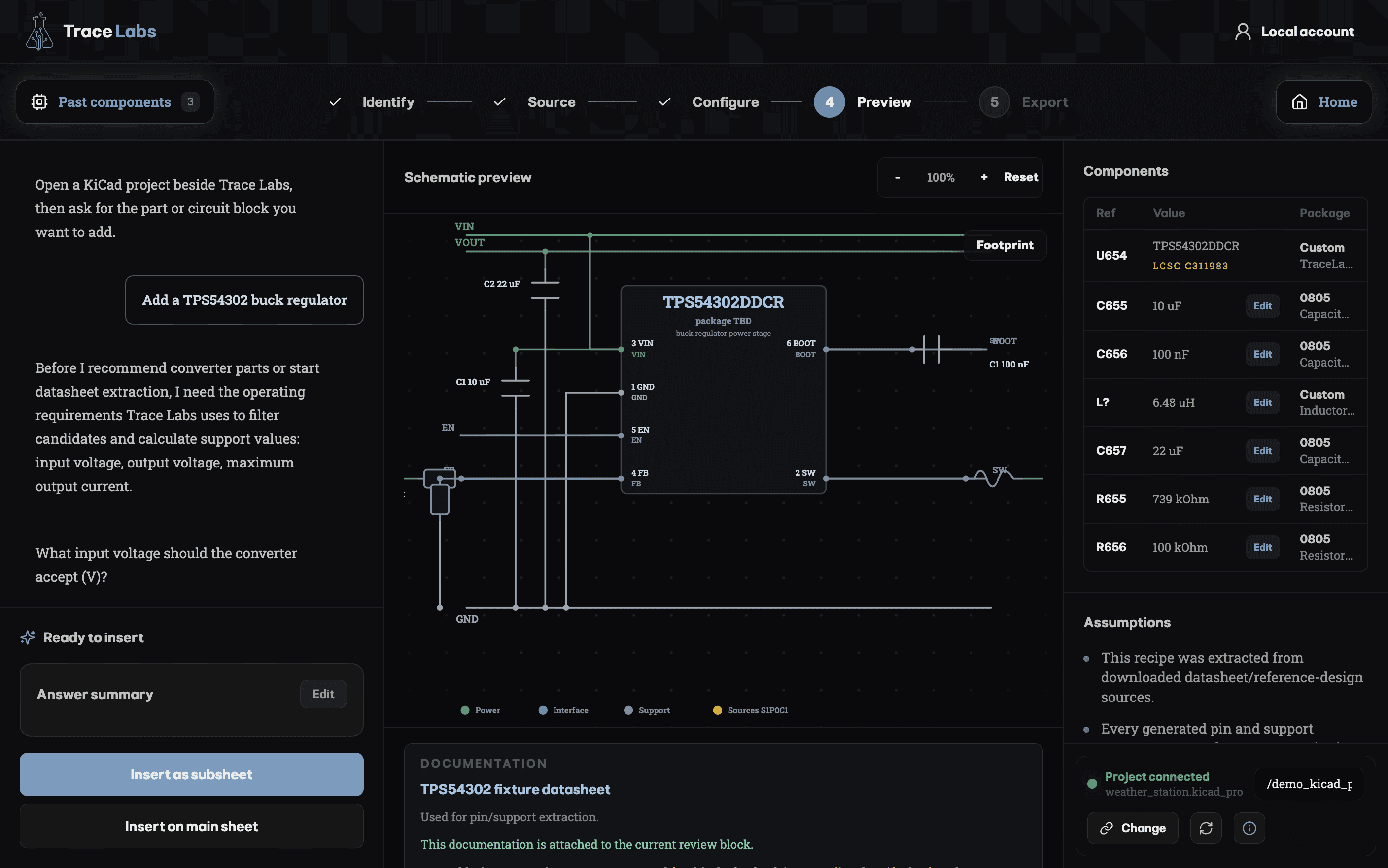Trace Labs preview step with schematic, components and documented assumptions