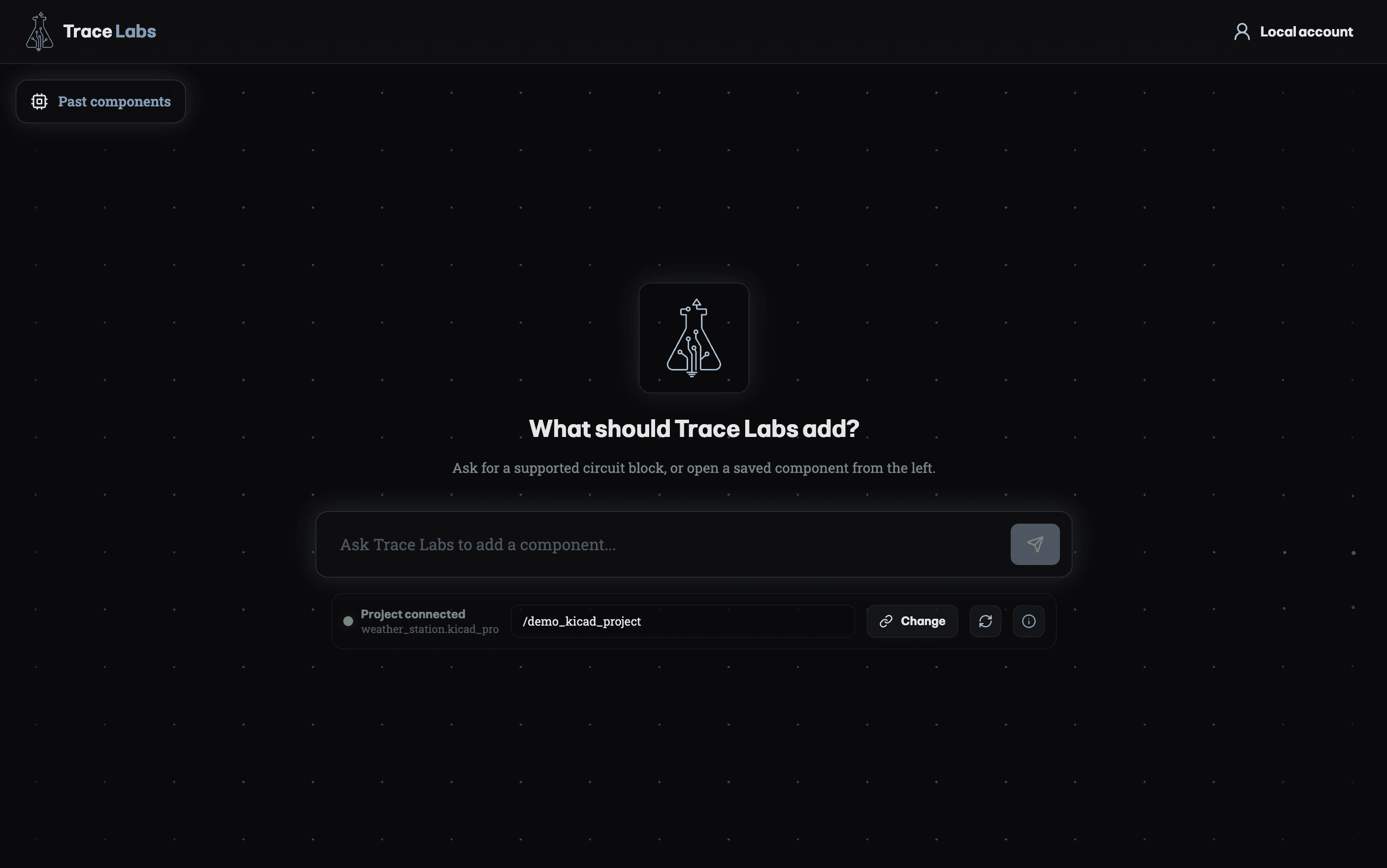 Trace Labs start screen connected to a local KiCad project